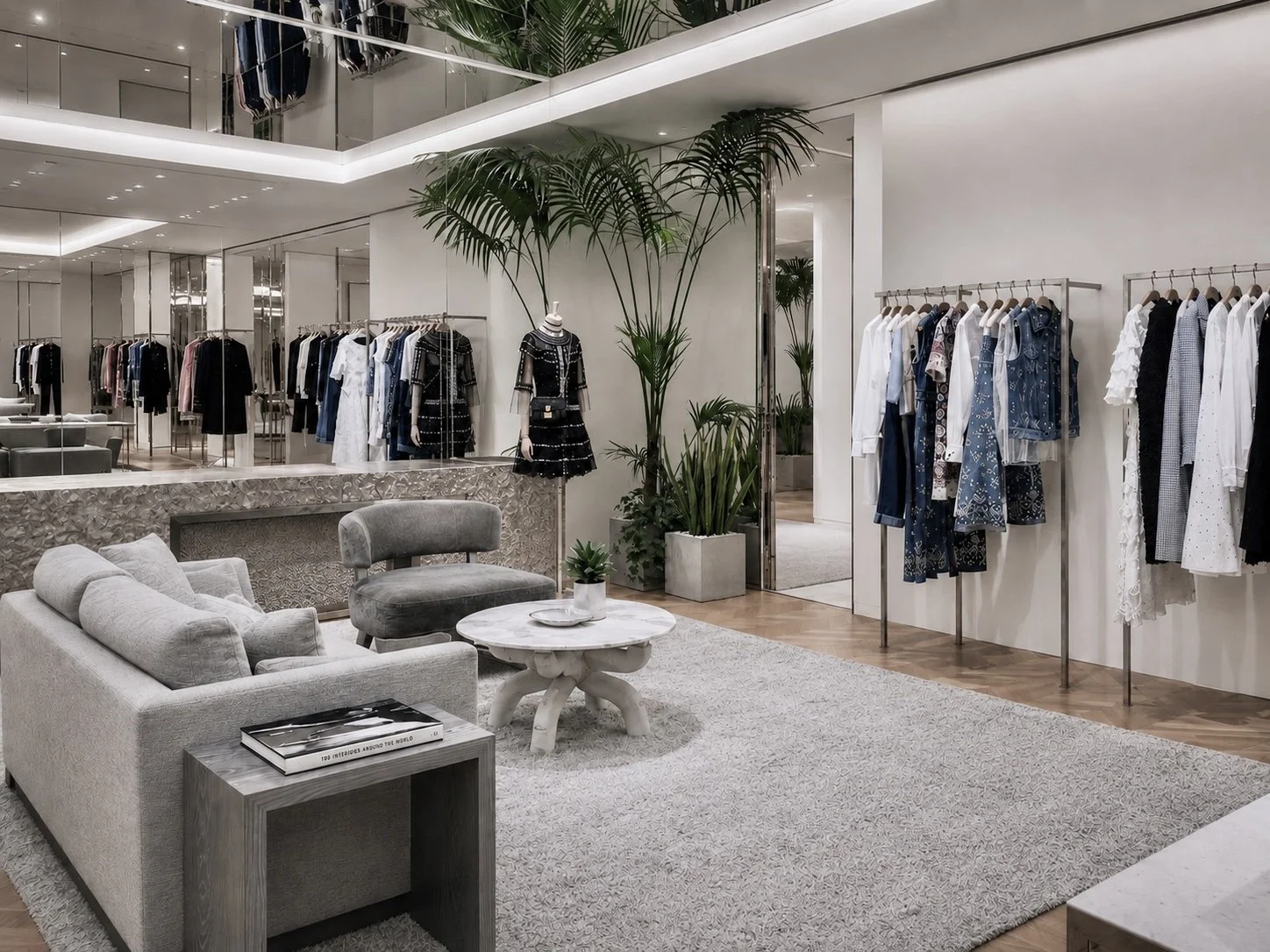 Intérieur d'un magasin de vêtements avec des mannequins, des étagères d'habits, un canapé gris, un tapis beige, et des plantes vertes.