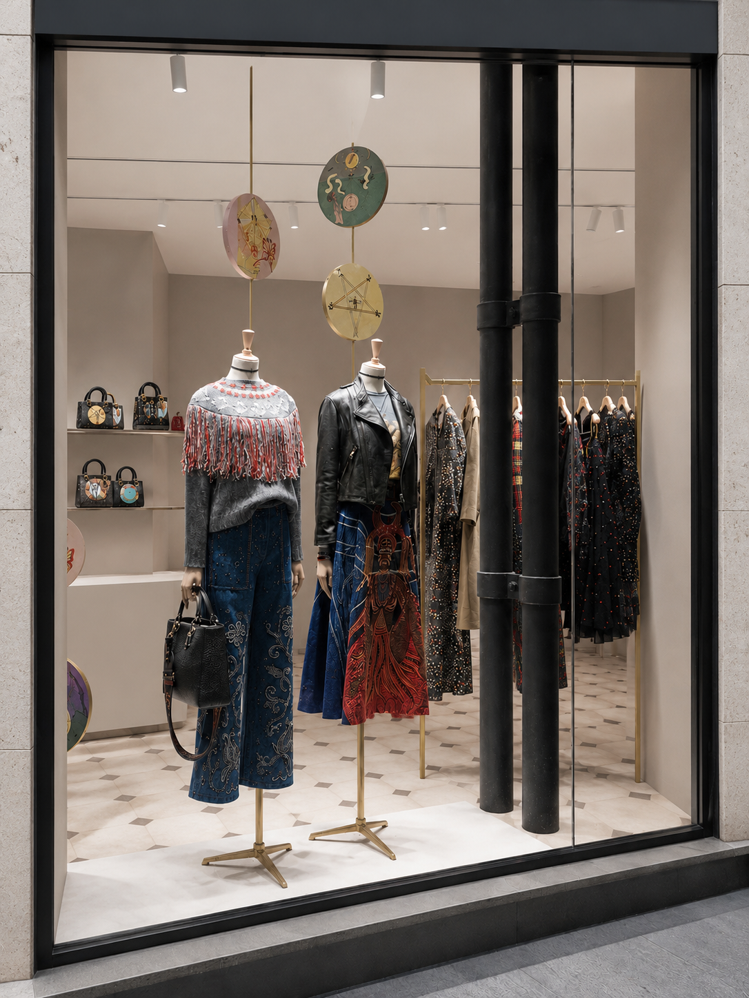 Vitrine de magasin de mode présentant deux mannequins avec des vêtements colorés et accessoires, et des vêtements suspendus en arrière-plan, décorée avec des horloges suspendues au plafond.