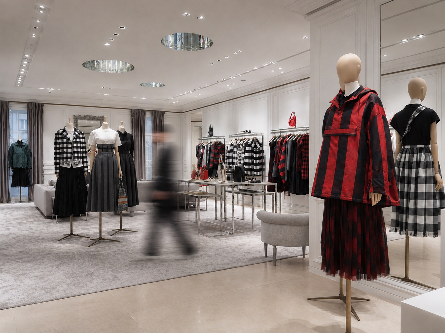Mannequins portant des vêtements à motifs à carreaux en noir, blanc et rouge dans une boutique de prêt-à-porter