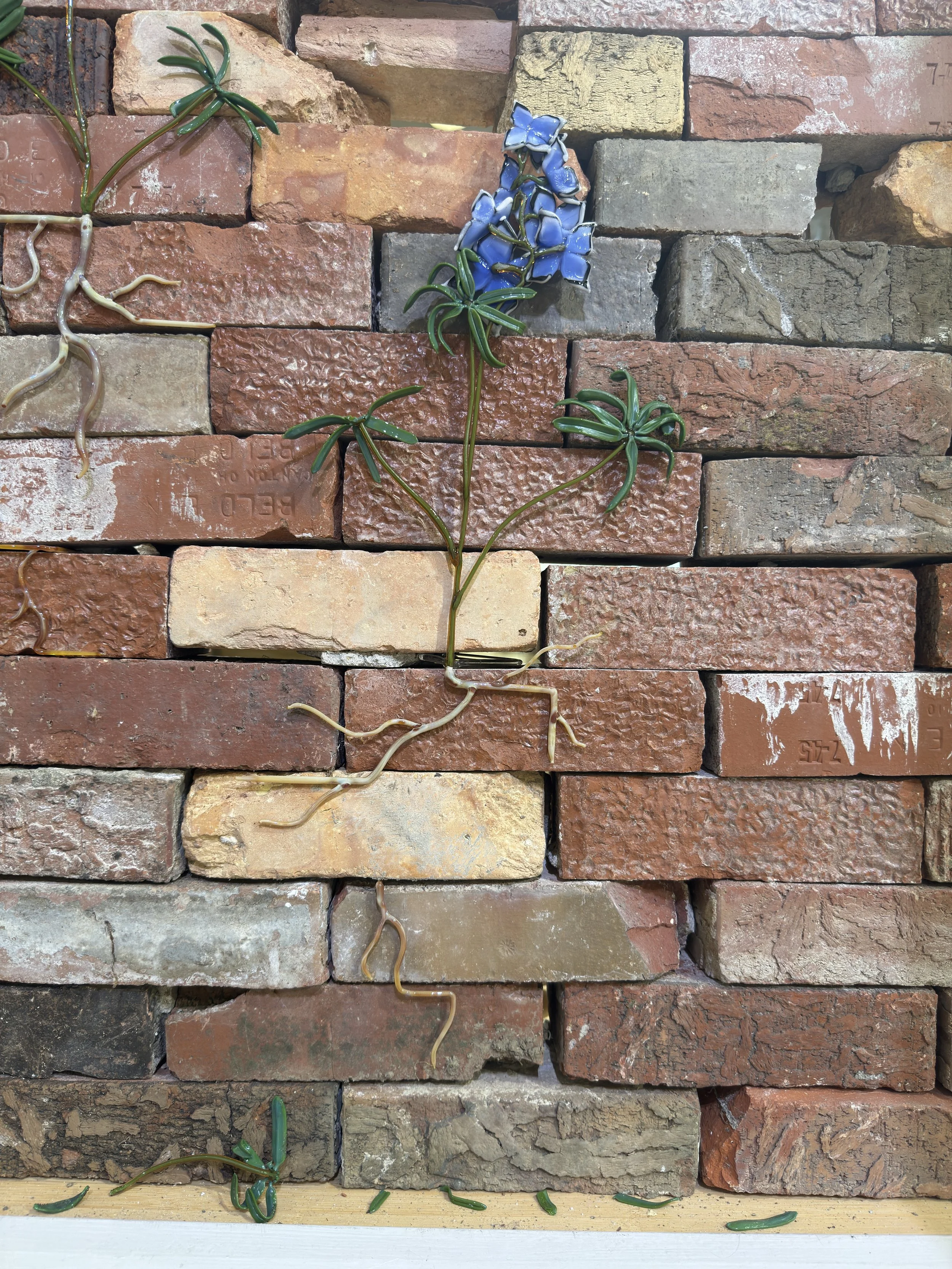 Encroachment, borosilicate glass, found brick, 69" x 10" x 34", 2025