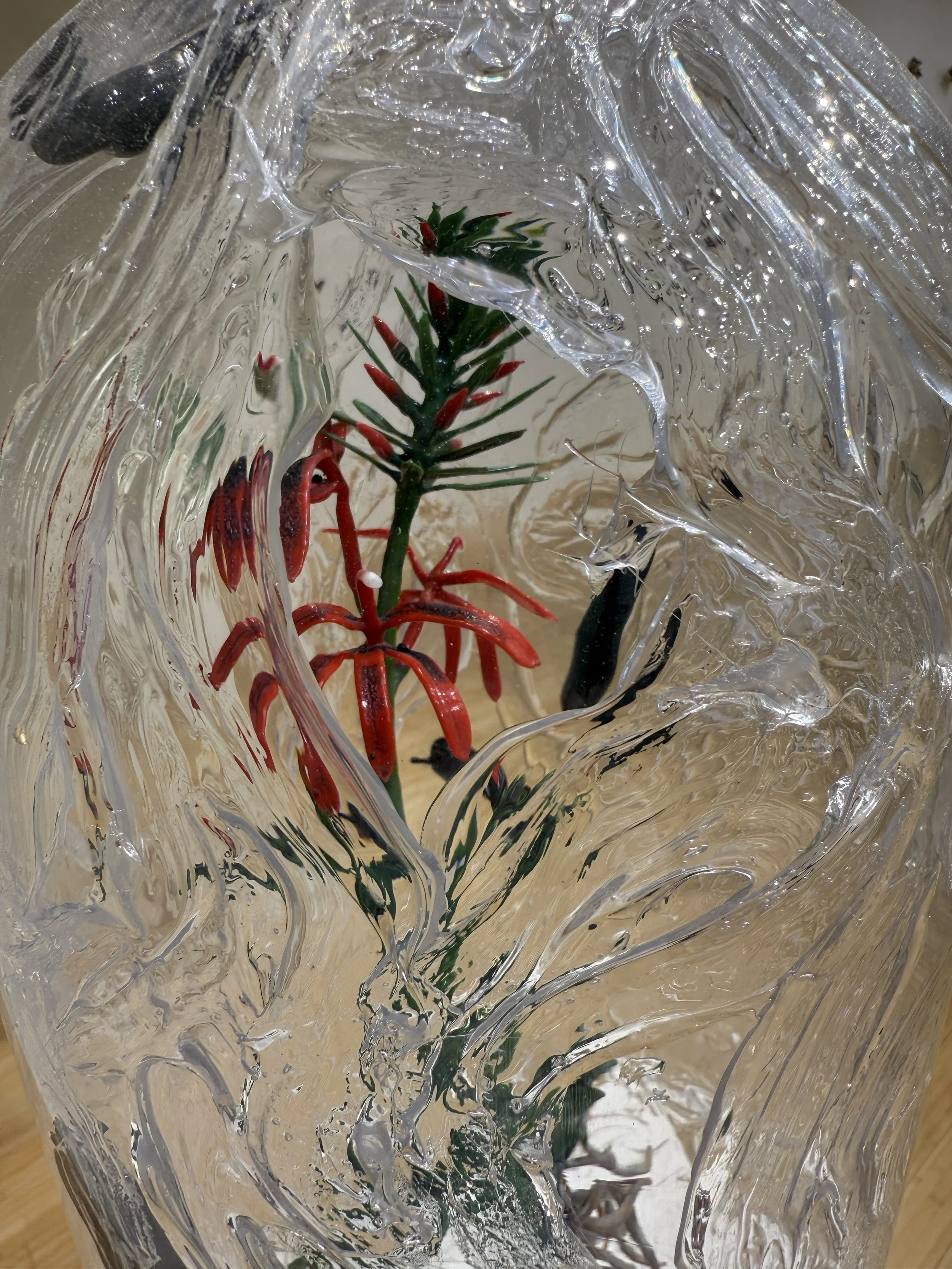 Suffering Native, borosilicate glass, found glass, silicon, wood, paint, 12" x 12" x 21", 2025