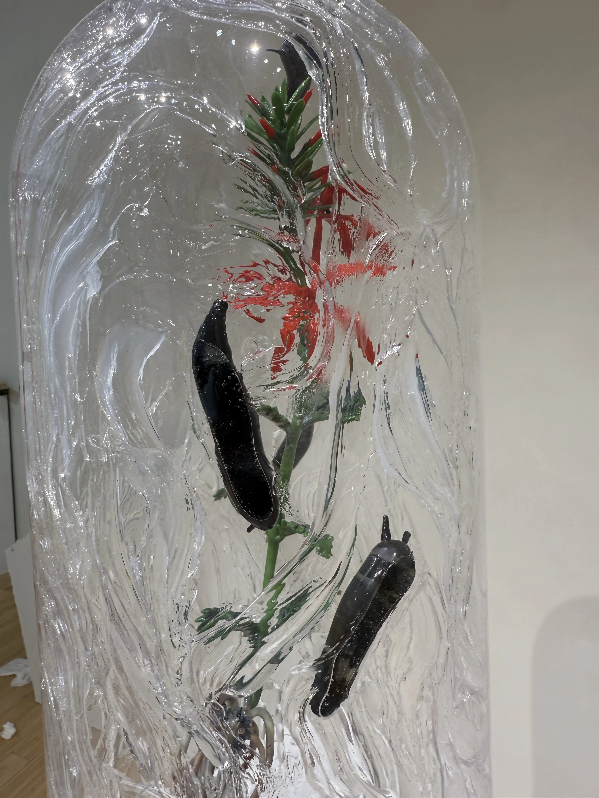 Suffering Native, borosilicate glass, found glass, silicon, wood, paint, 12" x 12" x 21", 2025