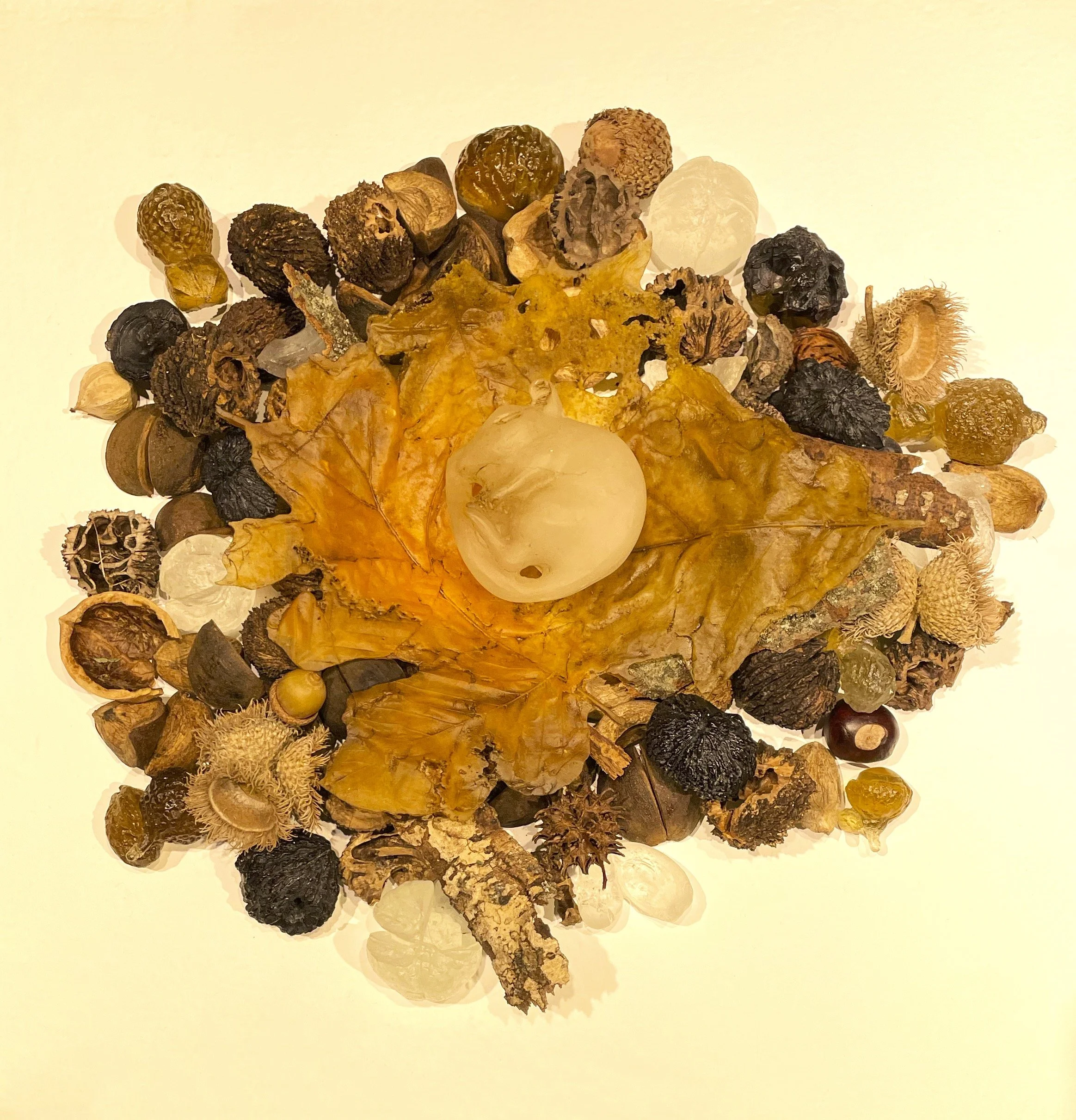 Induced Hibernation, cast glass, found objects, 4" x 13" x 13", 2023