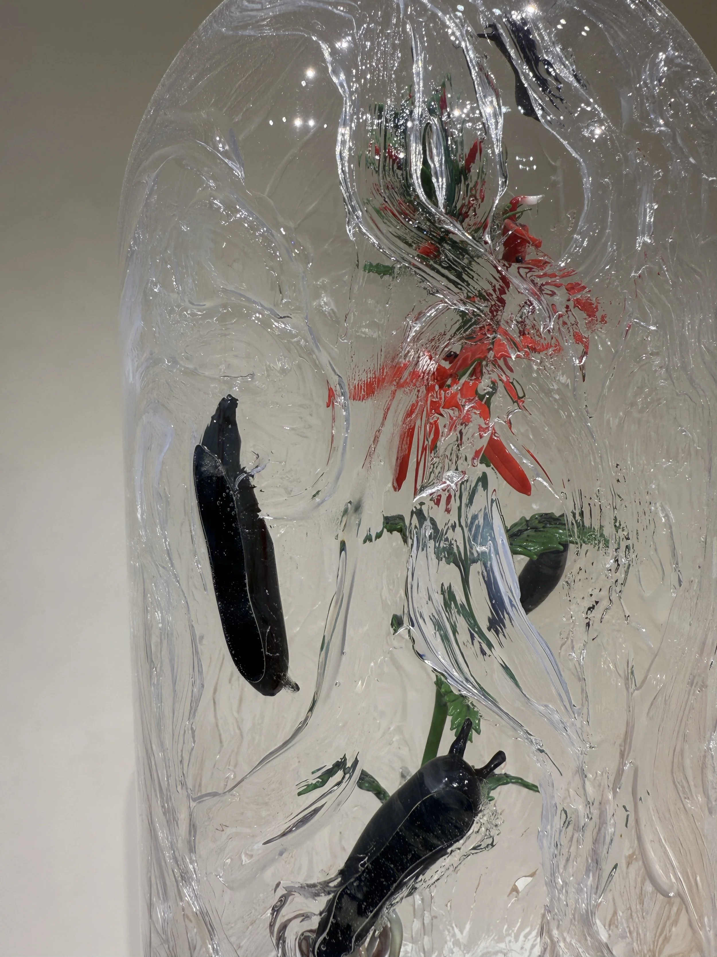 Suffering Native, borosilicate glass, found glass, silicon, wood, paint, 12" x 12" x 21", 2025