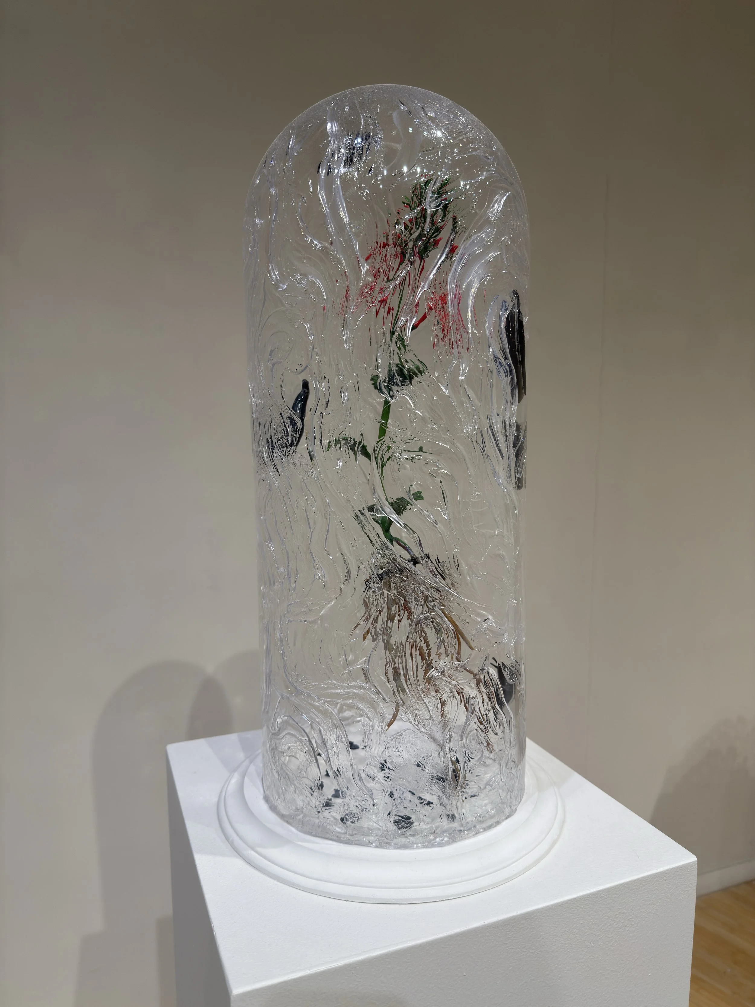 Suffering Native, borosilicate glass, found glass, silicon, wood, paint, 12" x 12" x 21", 2025