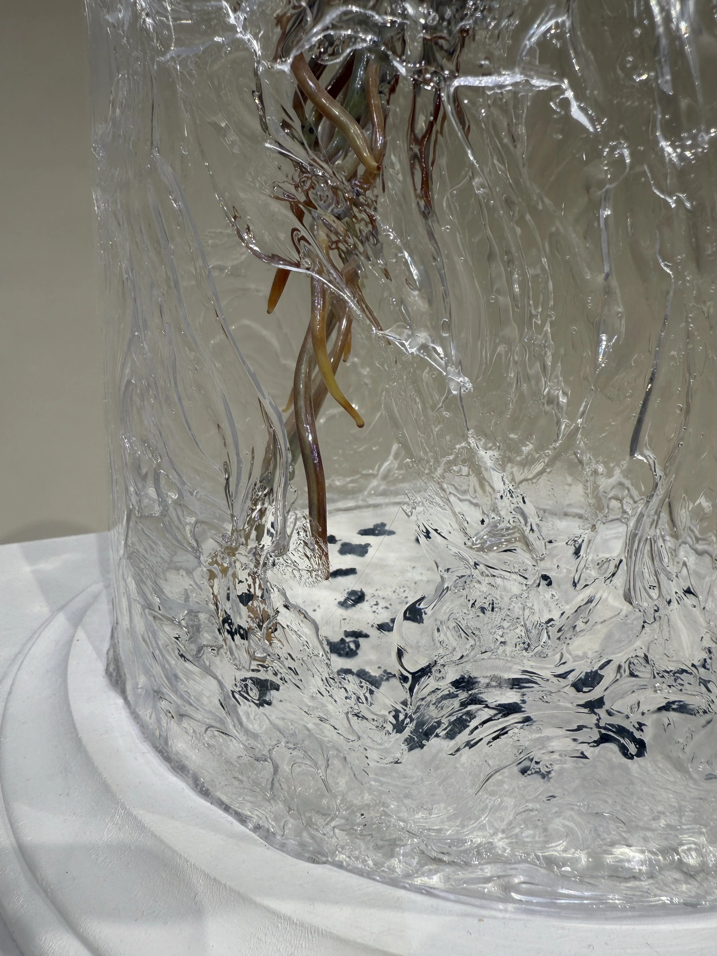 Suffering Native, borosilicate glass, found glass, silicon, wood, paint, 12" x 12" x 21", 2025