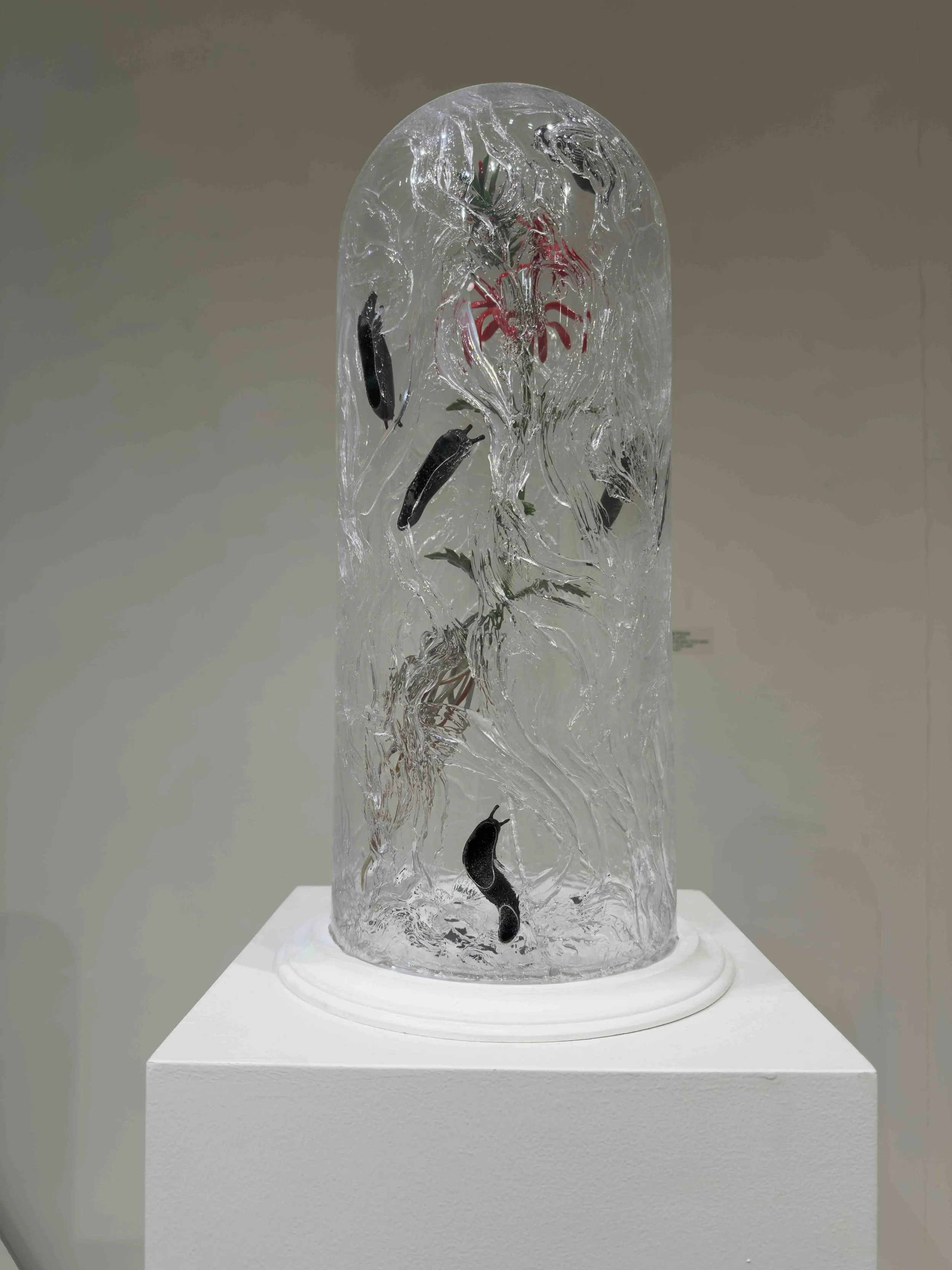 Suffering Native, borosilicate glass, found glass, silicon, wood, paint, 12" x 12" x 21", 2025