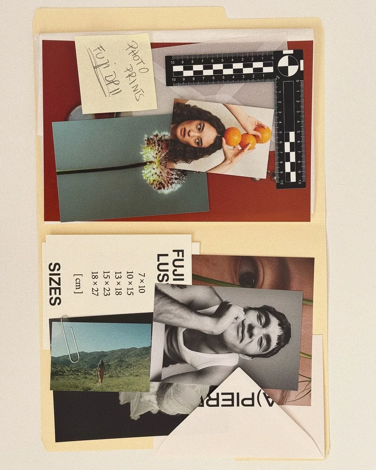 A collage of various photographs and cutouts, including a person in jeans and shoes, a sign with the word 'Acne,' a laptop with the word 'PUG,' a woven bag, a close-up of denim fabric, yellow notes with 'Good Things' written multiple times, a pair of glasses with earrings, and handwritten notes.