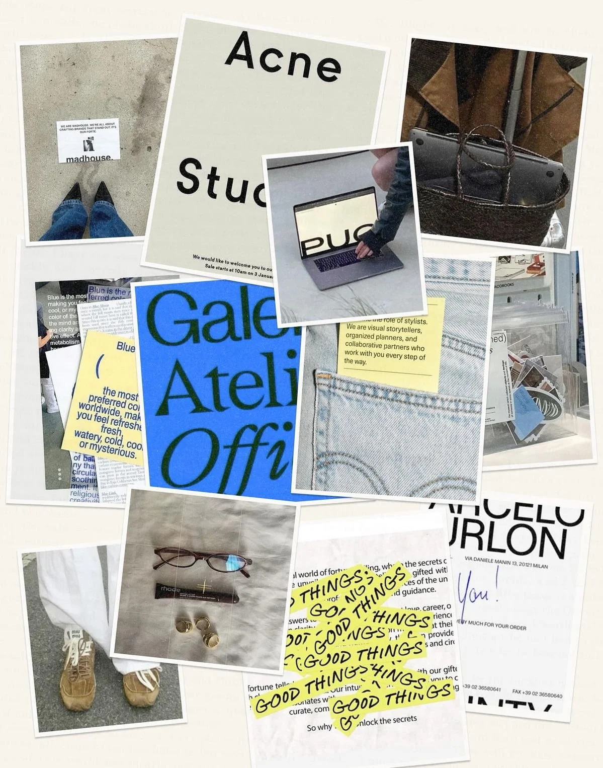 A collage of various photographs and cutouts, including a person in jeans and shoes, a sign with the word 'Acne,' a laptop with the word 'PUG,' a woven bag, a close-up of denim fabric, yellow notes with 'Good Things' written multiple times, a pair of glasses with earrings, and handwritten notes.