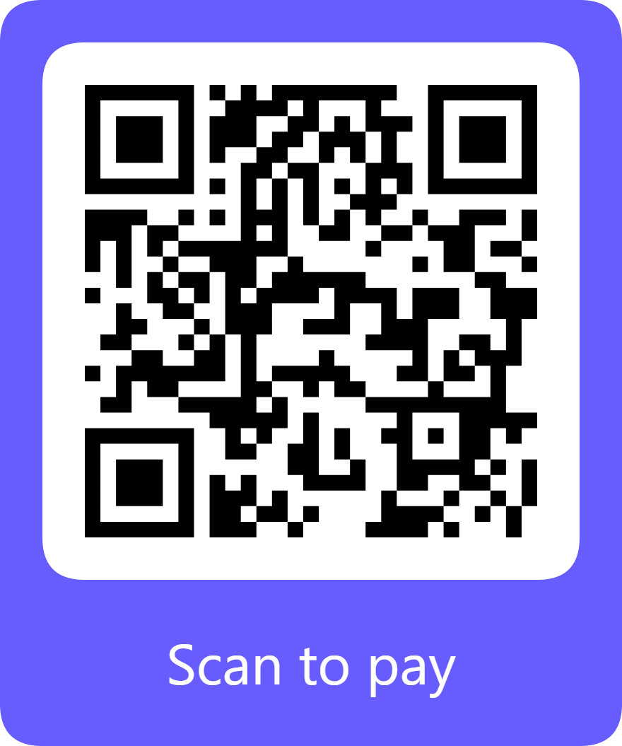 A QR code on a blue background with white border and the text 'Scan to pay' beneath it.