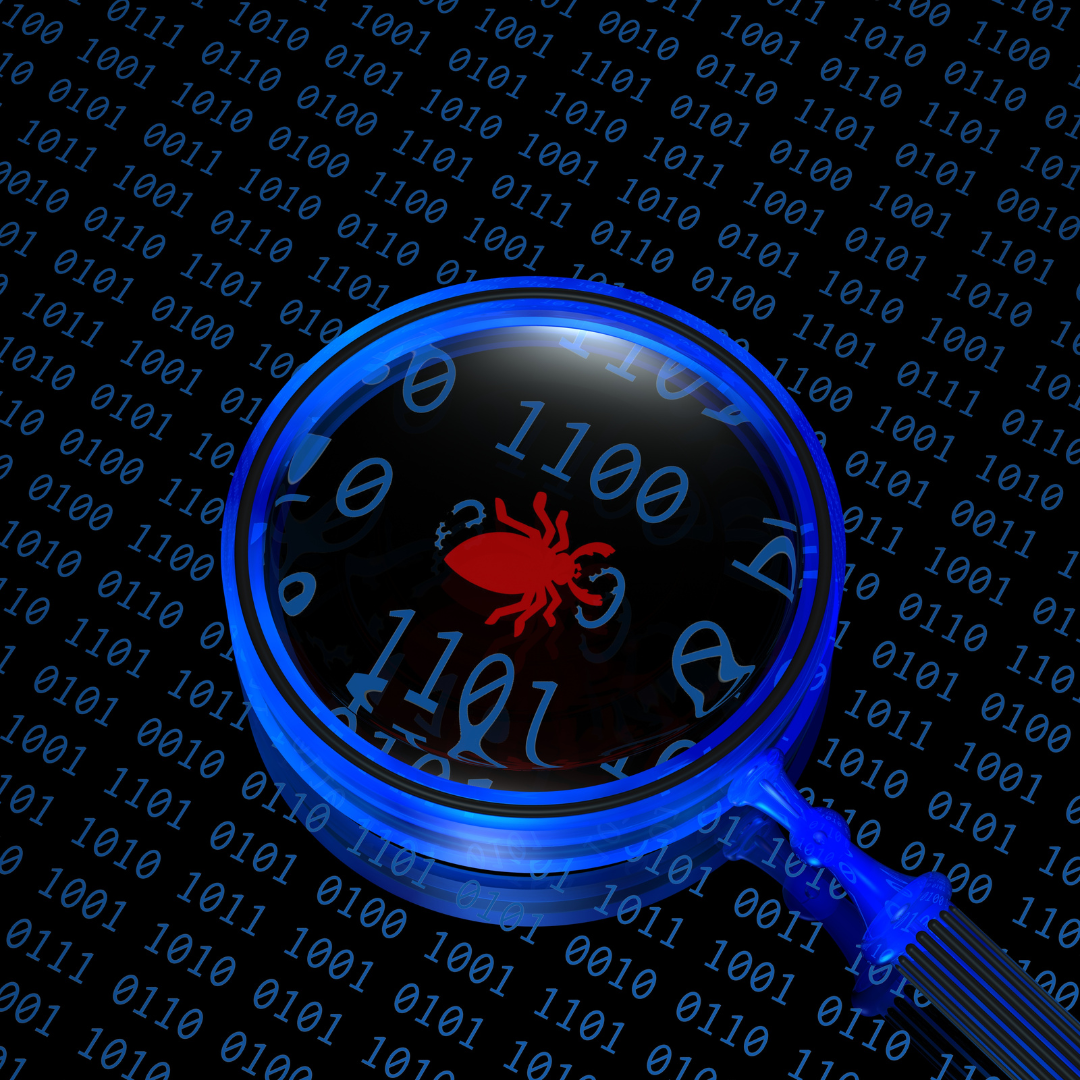 A futuristic blue magnifying glass with a red bug symbol inside, overlaid on a background filled with binary code (ones and zeroes).
