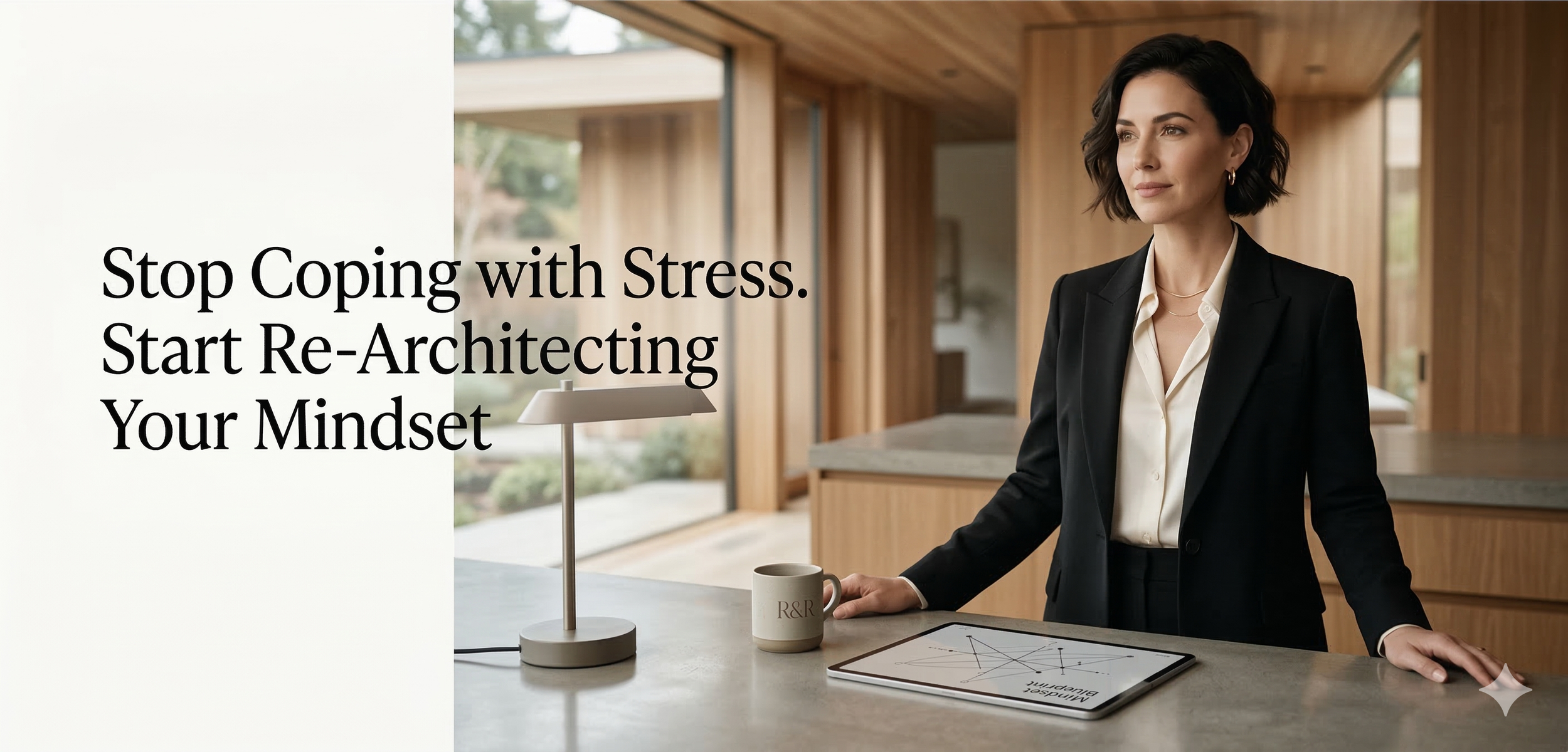 A professional woman in a black blazer standing in a modern wooden kitchen with a tablet, coffee mug, and table lamp on the counter.