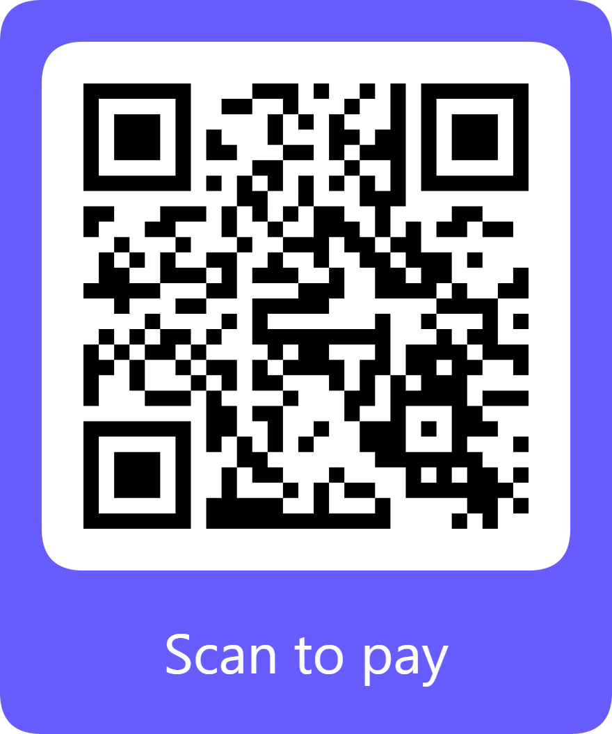 A digital QR code with a blue background and white border, containing black and white squares, with the text "Scan to pay" written below it.