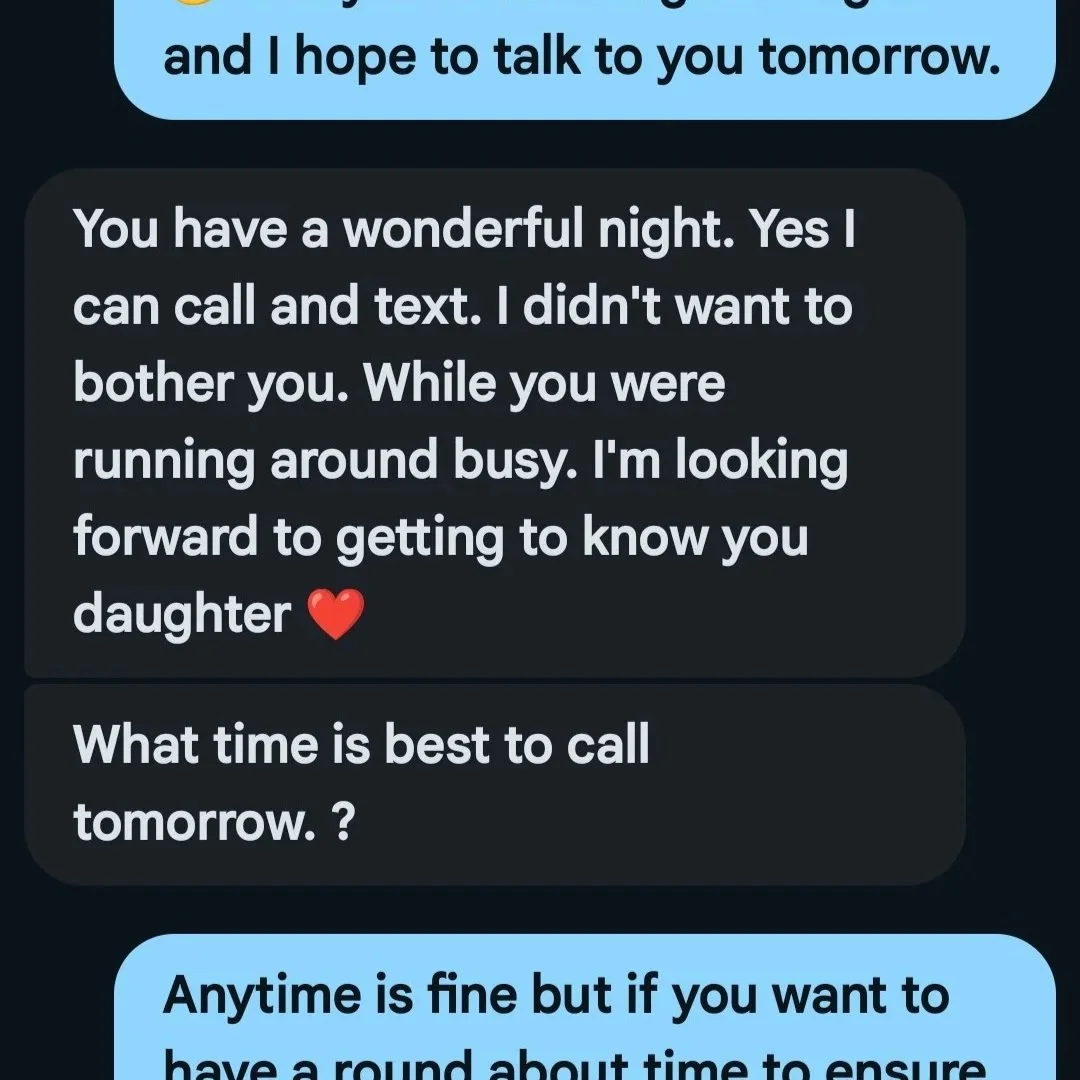 Screenshot of a conversation in a messaging app with text messages about a daughter, a good night message, and arranging a call for tomorrow.