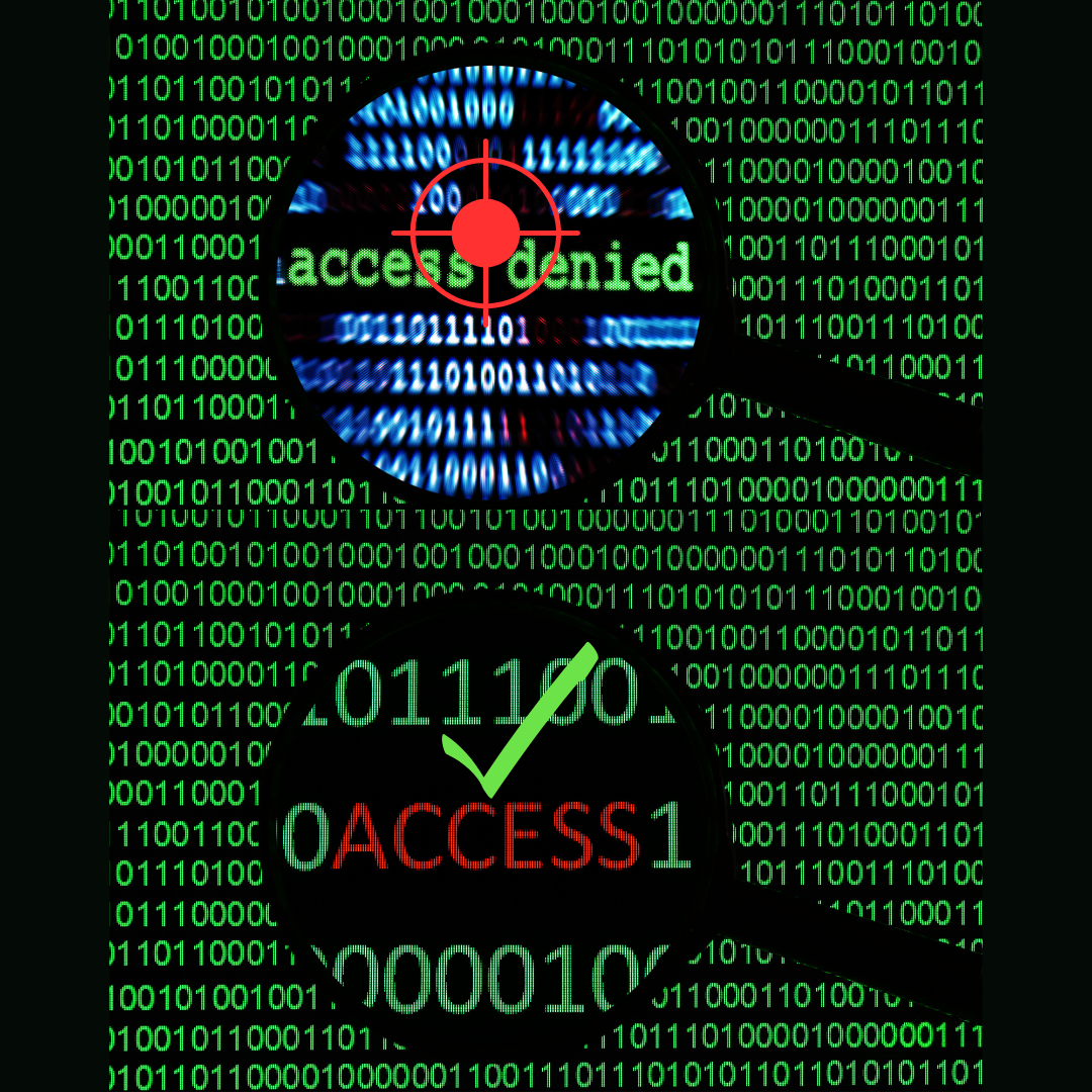 A digital illustration with green binary code in the background, showing magnified views of a rejected access message and a lock with an upward arrow indicating access granted.
