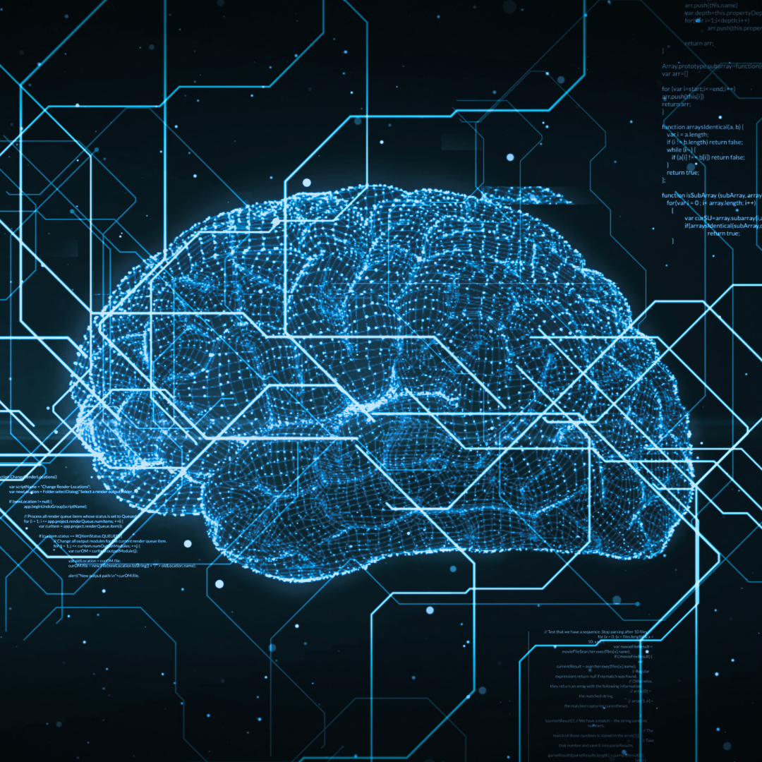 Digital illustration of a human brain created with glowing blue lines and dots, surrounded by hexagonal patterns and lines, representing neural networks or artificial intelligence.