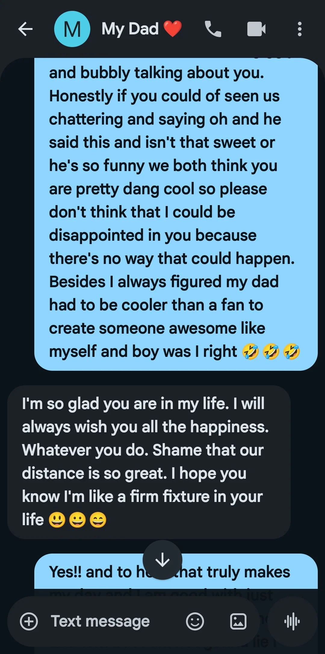 Screenshot of a text message conversation where a person is expressing love and admiration for their dad, with the dad replying warmly and affectionately.