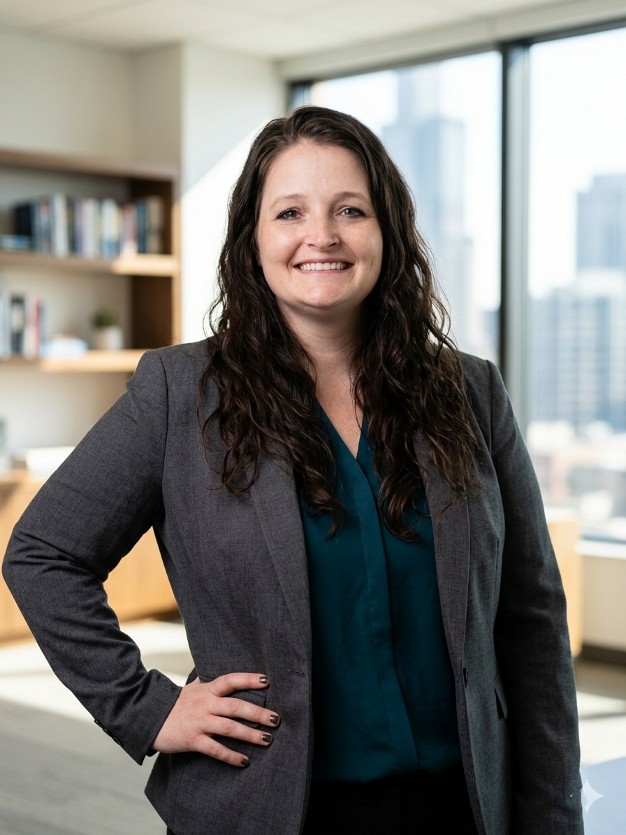 A woman in a dark gray blazer and teal blouse standing in an office with large windows and a cityscape view, smiling at the camera.