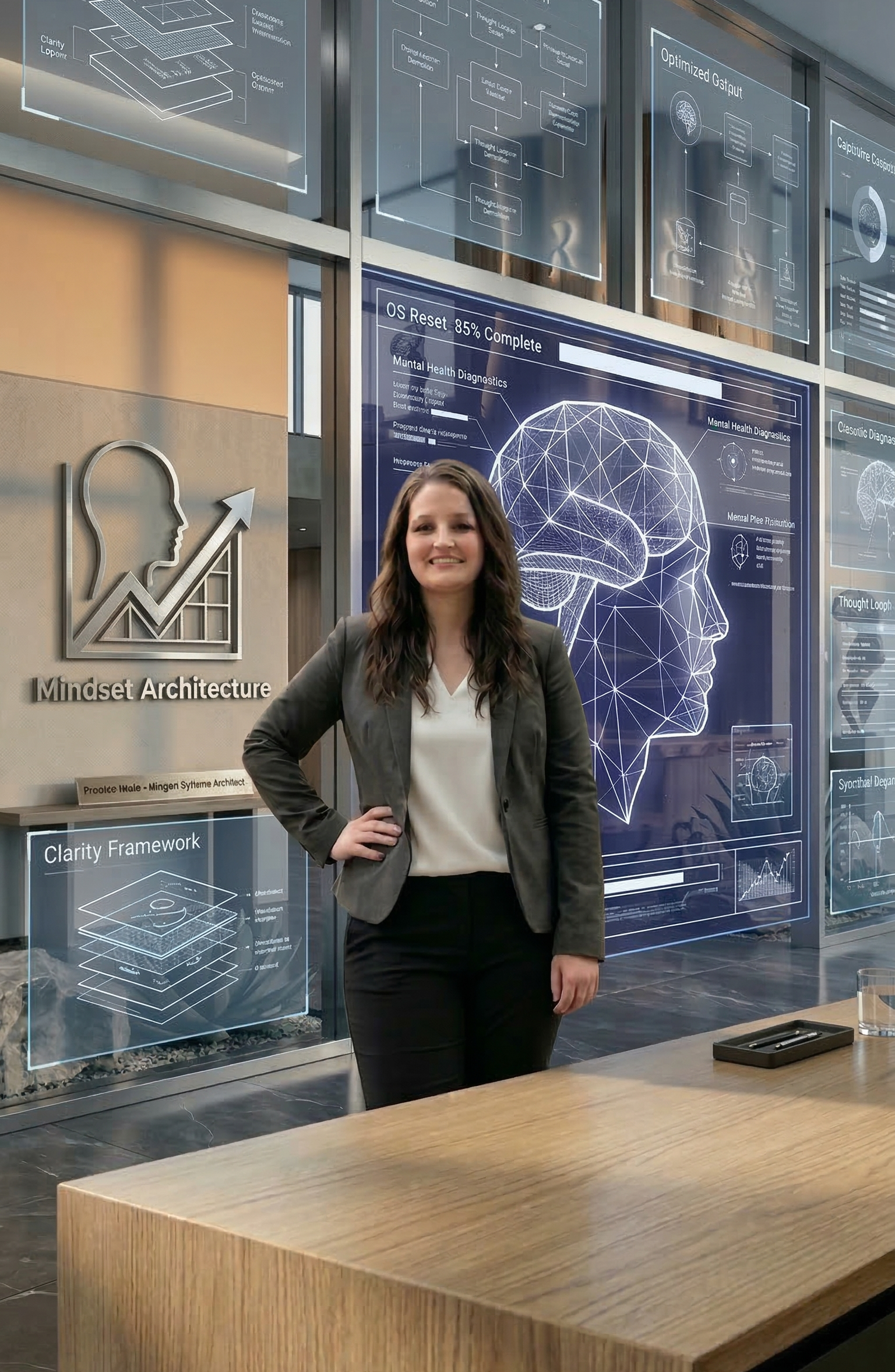 A woman standing and smiling in a futuristic technology office with digital brain diagrams and analytics screens on the wall, and a sign that reads 'Mindset Architecture'.