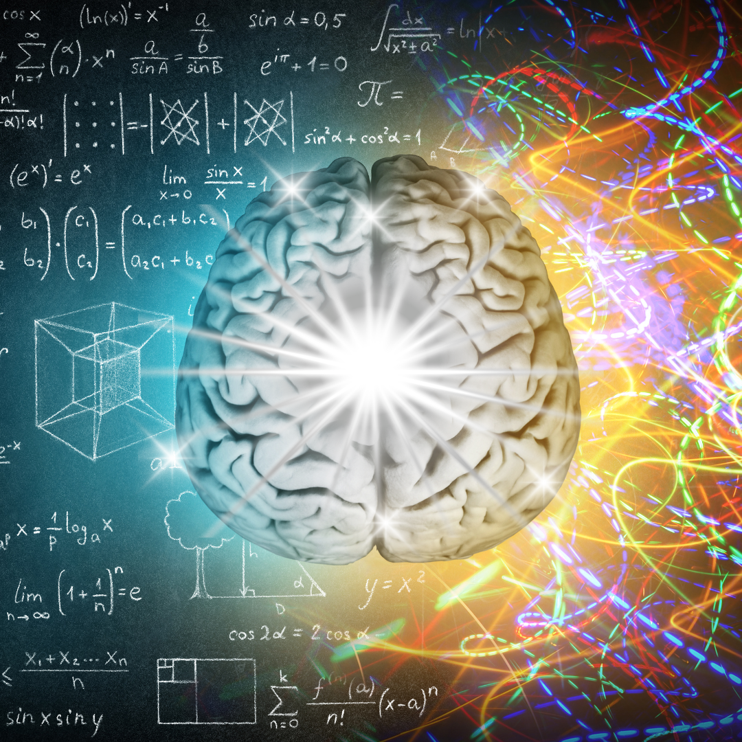 A digital illustration of a human brain with a bright light at the center, surrounded by colorful, glowing light trails on the right side, and mathematical formulas and geometrical diagrams written on a chalkboard background on the left side.