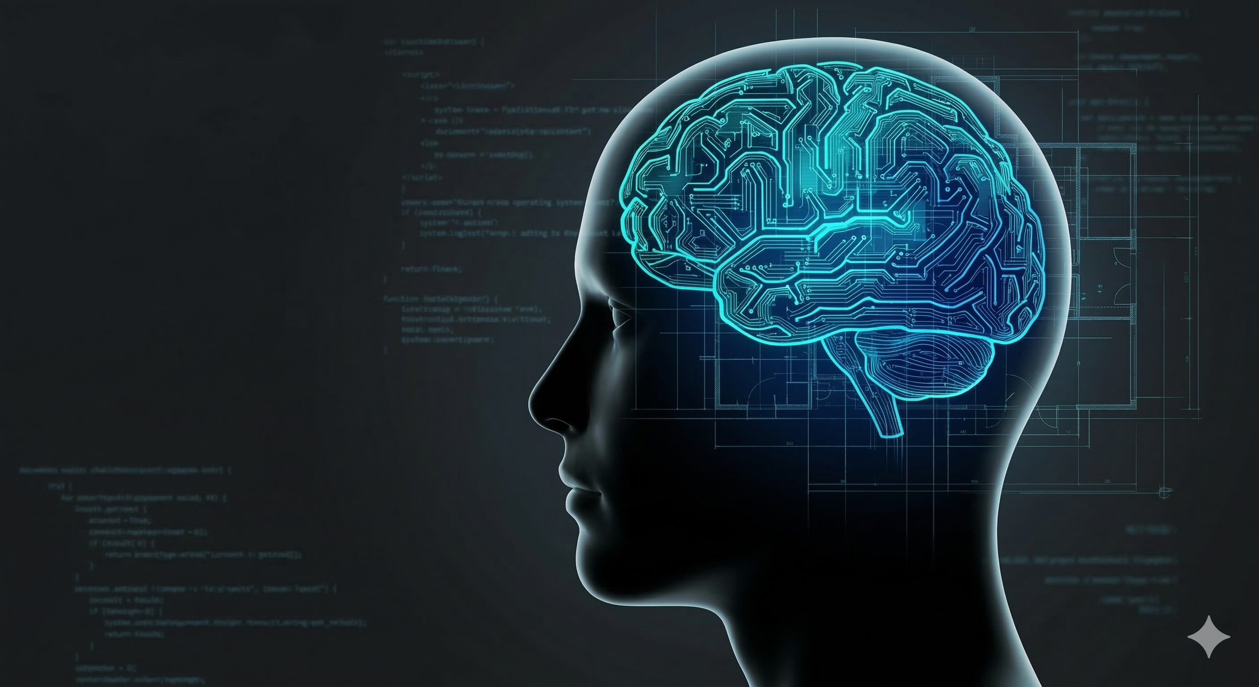 Digital illustration of a human head in profile with a glowing brain outlined with circuit-like patterns, overlaid with programming code and schematic diagrams in the background.