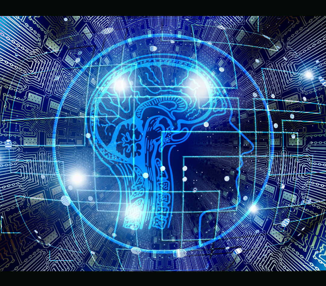 Futuristic digital illustration of a human brain inside a human head outline, surrounded by circuit board patterns and glowing lines, representing artificial intelligence and technology.