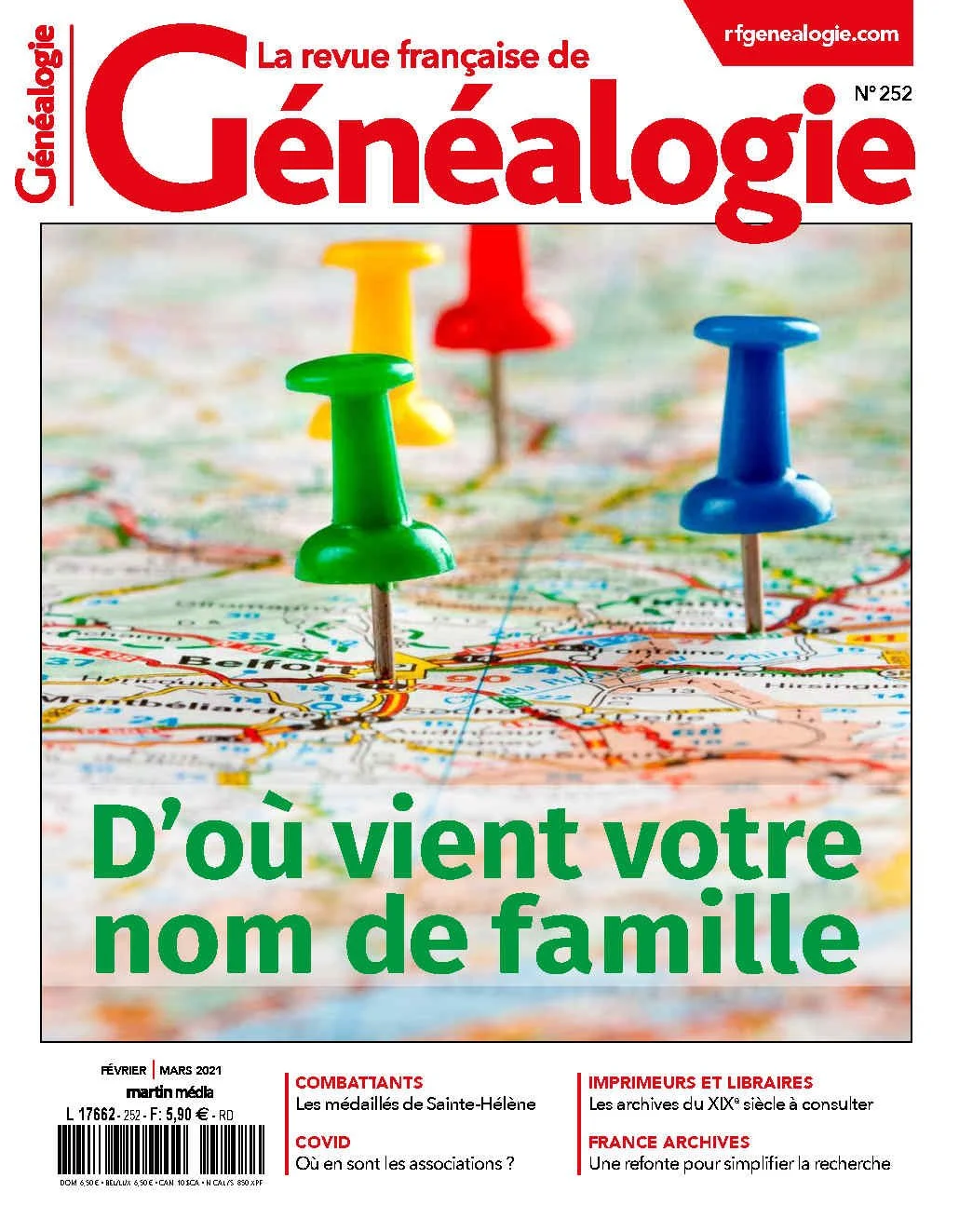 Couverture d'une revue intitulée 'Généalogie', montrant des épingles colorées sur une carte ou un arbre généalogique, avec un titre en français 'D'où vient votre nom de famille'.