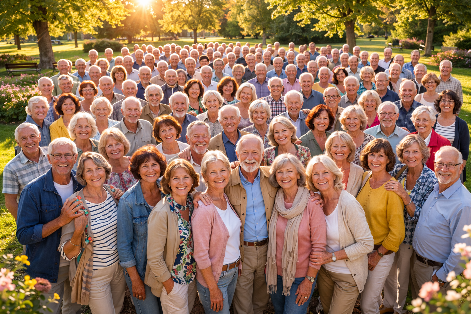 Groupe de personnes âgées souriantes dans un parc en plein air par une journée ensoleillée.