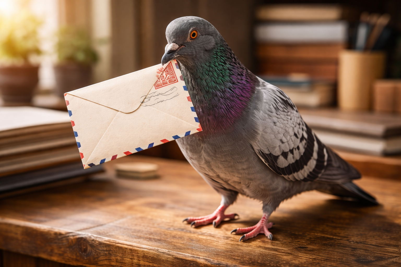 Une colombe posée sur une table en bois, tenant une enveloppe dans son bec, dans un intérieur avec des livres en arrière-plan.