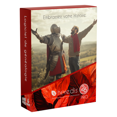 Une personne en armure de chevalier et un homme avec une barbe et une écharpe rouge, se tenant par les bras dans un champ. Le texte en haut dit 'Embrassez votre Histoire'.