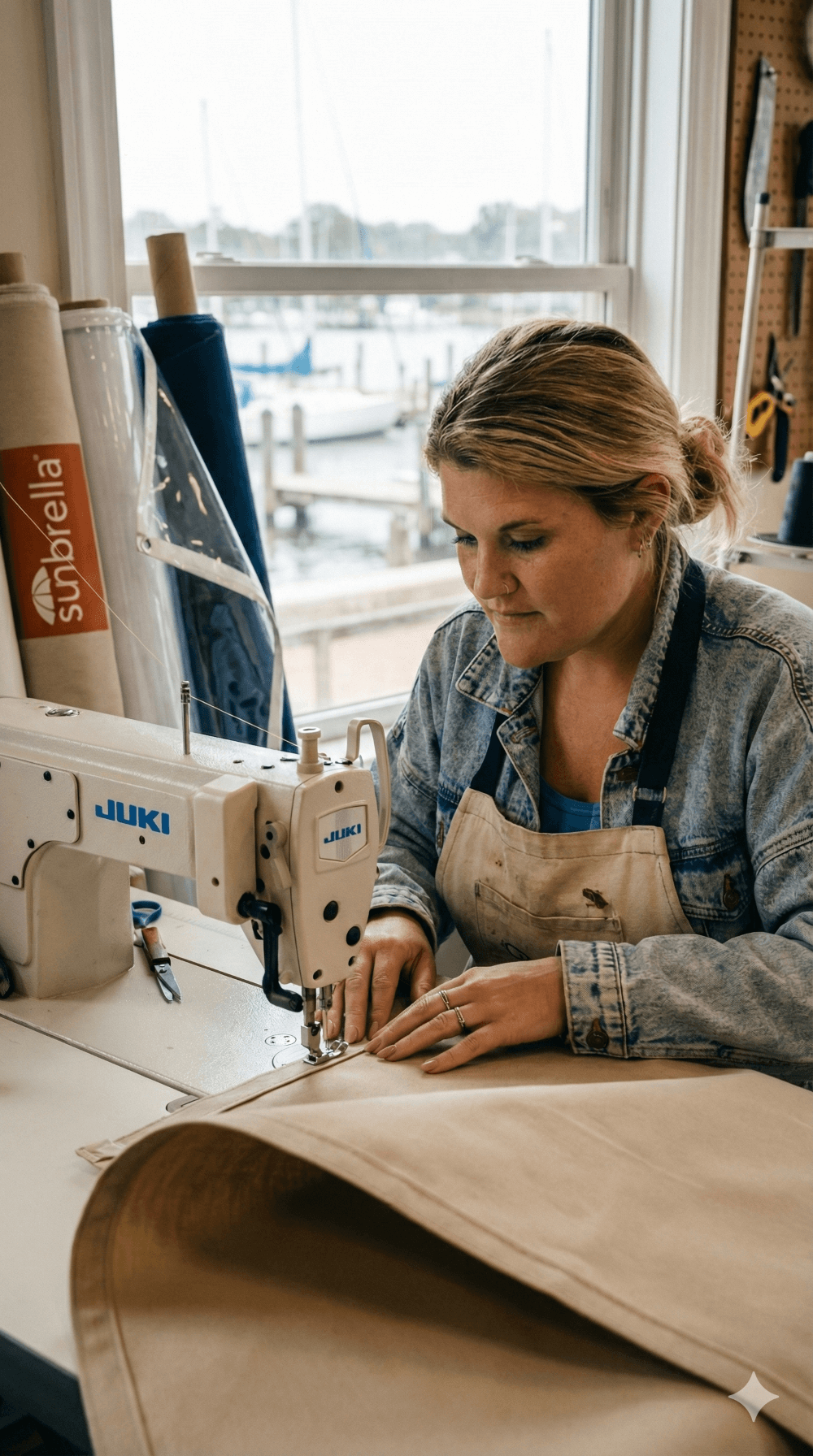 A woman sewing fabric on a Juki industrial sewing machine in a workshop with a window overlooking a marina.