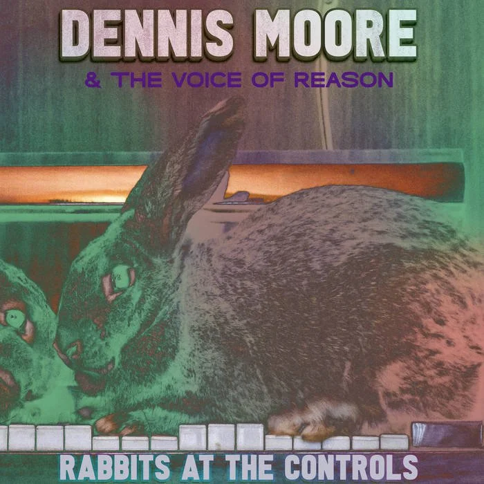 Album cover featuring a close-up image of a rabbit lying down with its head resting on a surface. The background showcases a green gradient. Text at the top reads 'Dennis Moore & The Voice of Reason' in large purple and white letters. Text at the bottom says 'Rabbits at the Controls' in white letters on a green background.