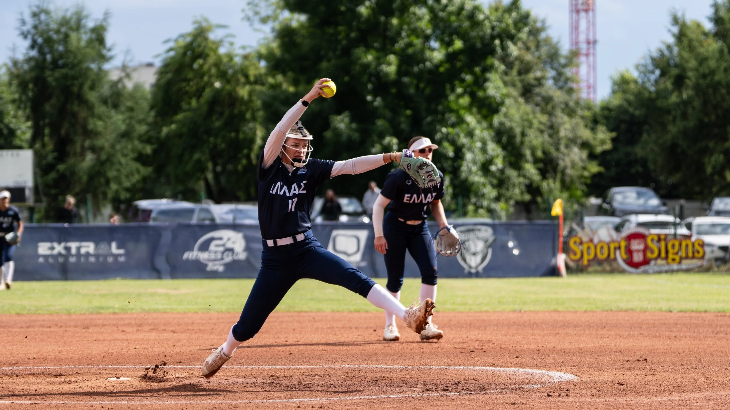 Hellas National Softball player pitching during WBSC European Championship game 2026