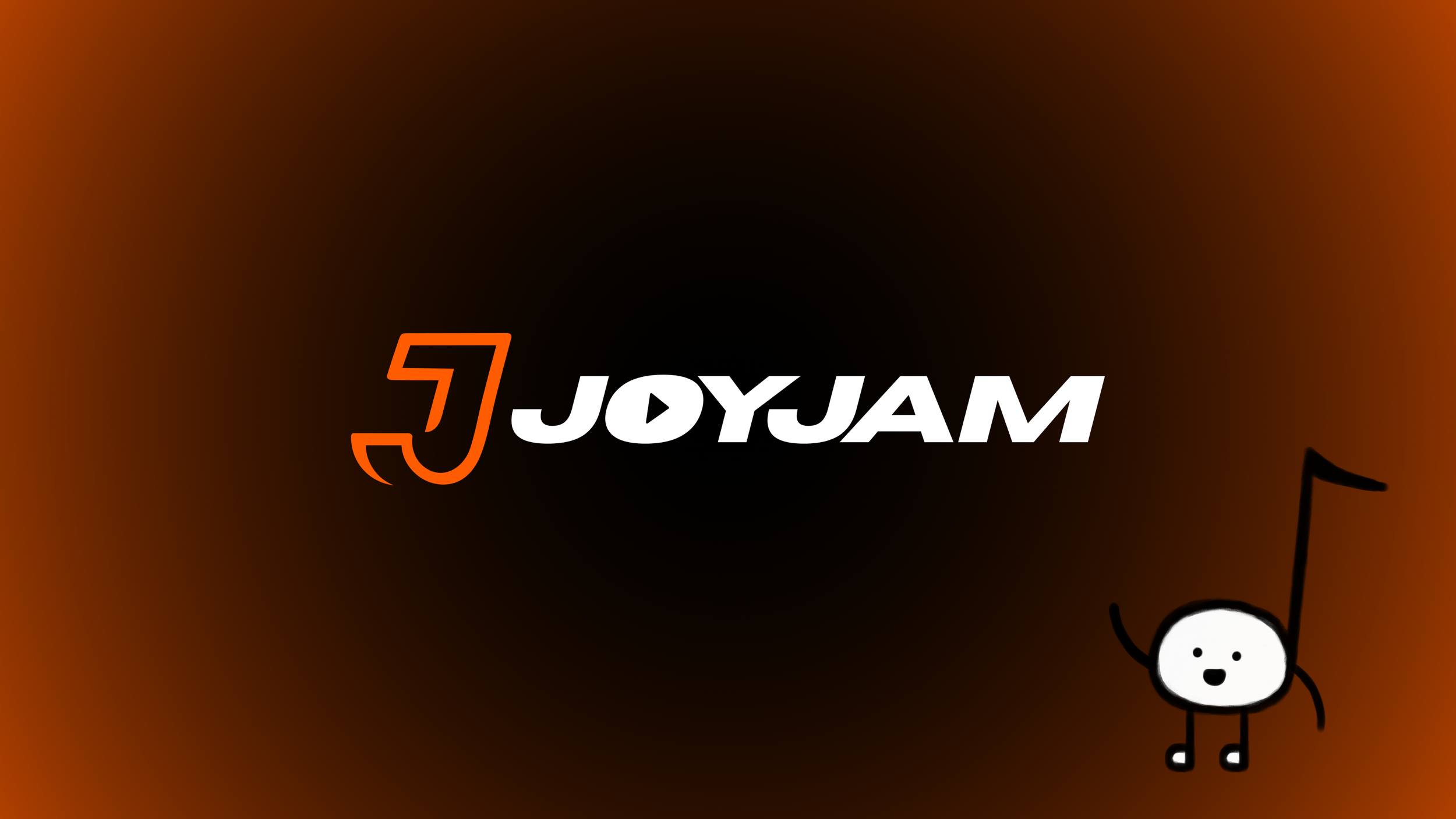 JoyJam logo on black and orange gradient, JoyJam Jerry waving in the corner