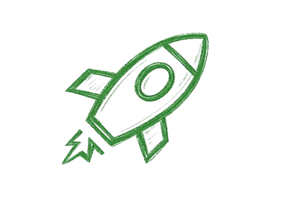 Green sketch of a rocket launching with a fire trail.