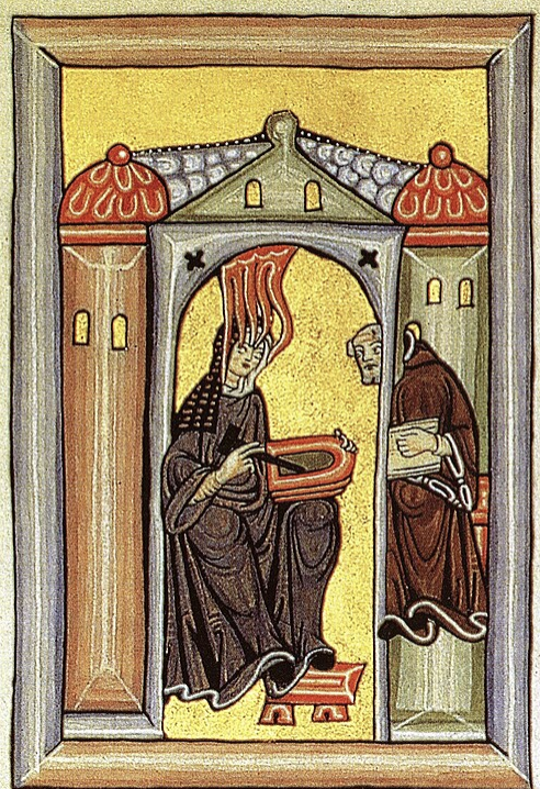Medieval-style religious Hildegard of Bingen depicting a figure with a flaming crown holding a ring, with another figure holding a scroll in an ornate architectural frame. The Wild Rose Chronicles Membership | Celestial Women's Studies Classes