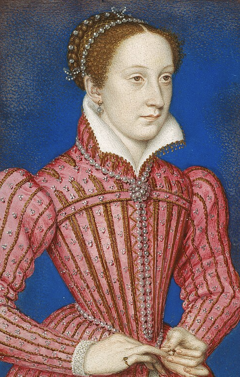 Painting of Mary Queen of Scots with red hair in an elaborate pink and gold dress with pearls and lace, set against a blue background. The Wild Rose Chronicles Membership | Celestial Women's Studies Classes