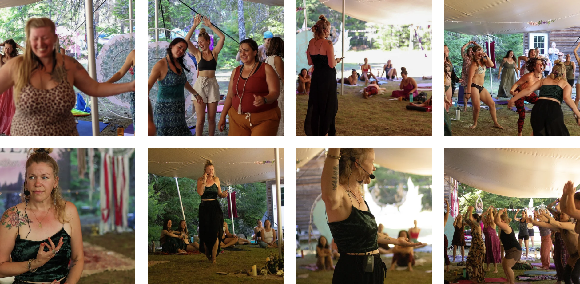 A group of women participating in a gathering inside a large tent surrounded by trees. Some women are dancing, singing, and talking, while others are sitting on the ground or standing. The setting appears to be outdoors during the daytime, with natural light filtering through the tent. There are decorations and a relaxed, joyful atmosphere.