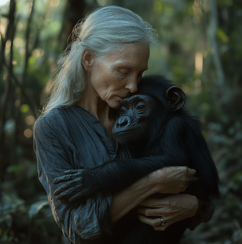 Jane Goodall with long gray hair embraces a baby gorilla in a lush, green forest. The Wild Rose Chronicles Membership | Celestial Women's Studies Classes