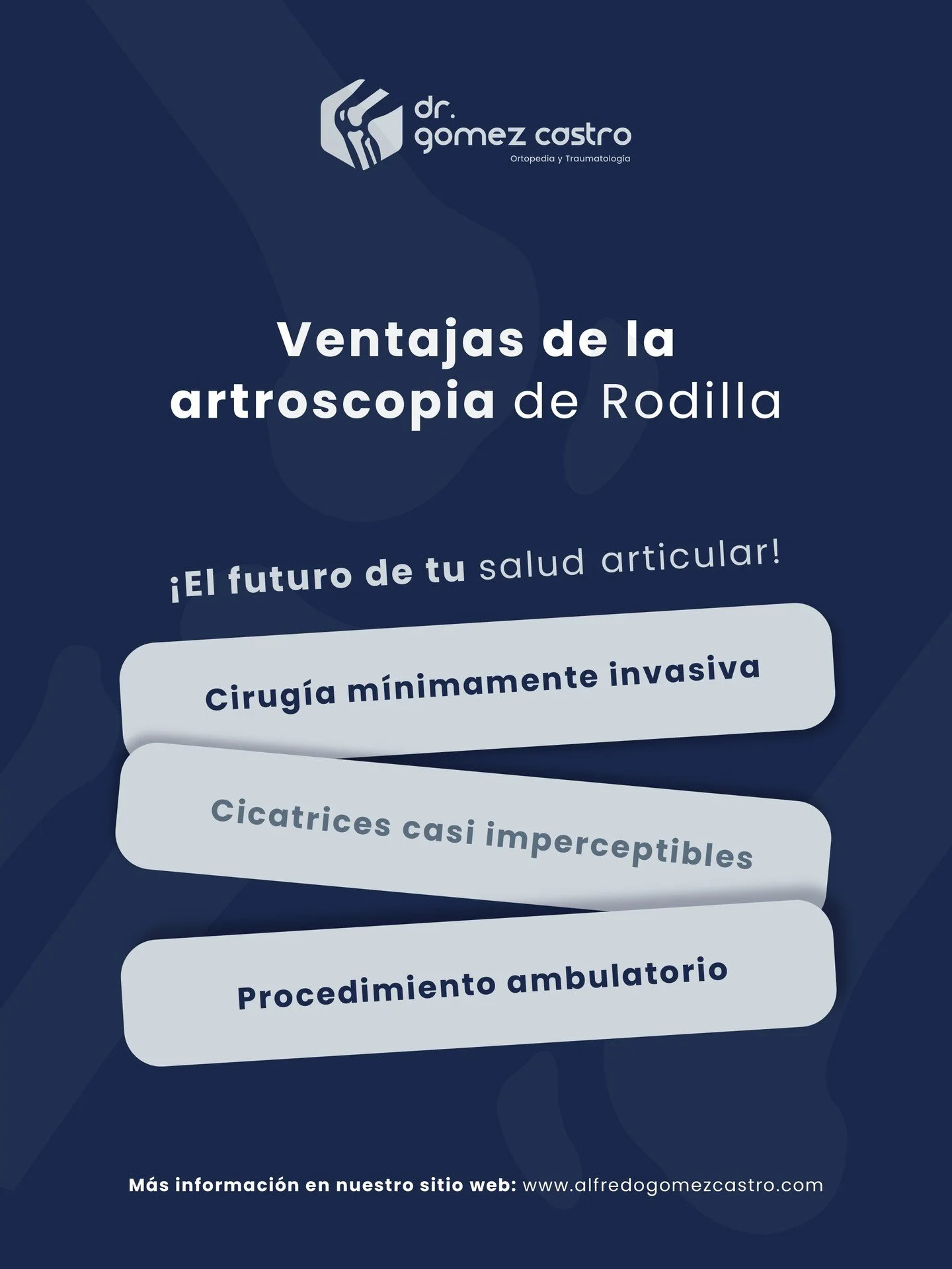 &iexcl;Menos cicatrices, m&aacute;s movimiento!

Como especialistas en rodilla, utilizamos la t&eacute;cnica de artroscopia para tratar lesiones de forma precisa, segura y con una recuperaci&oacute;n mucho m&aacute;s r&aacute;pida, brind&aacute;ndote