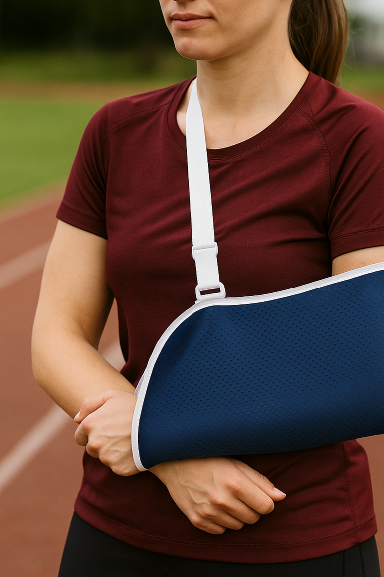 Mujer con brazo en cabestrillo en un campo de atletismo.