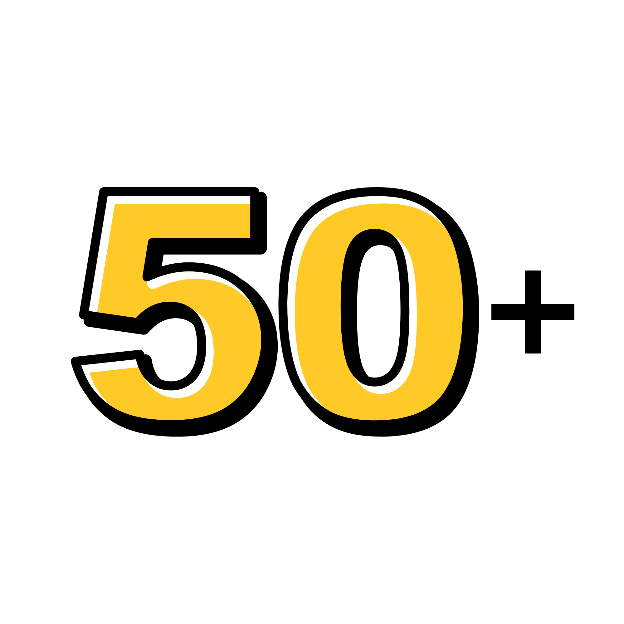 Bold yellow and black number 50 and plus sign indicating age or milestone.