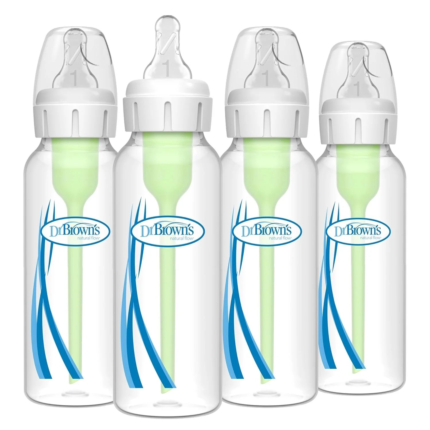 Four baby bottles with white caps and transparent nipples, labeled Dr. Brown's natural flow, with green liquid inside and blue spray designs on the bottles.