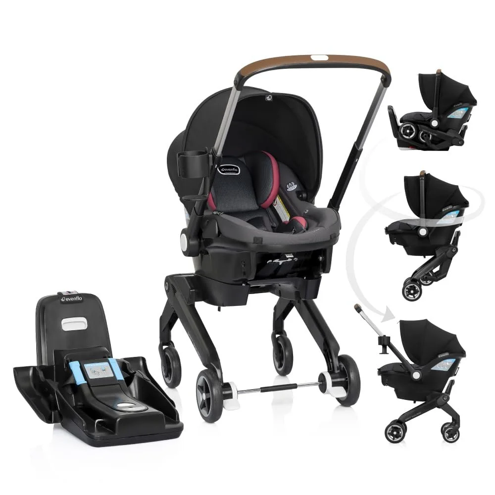 A baby travel system with an adjustable stroller, three detachable car seats, and a separate base unit for easy installation.