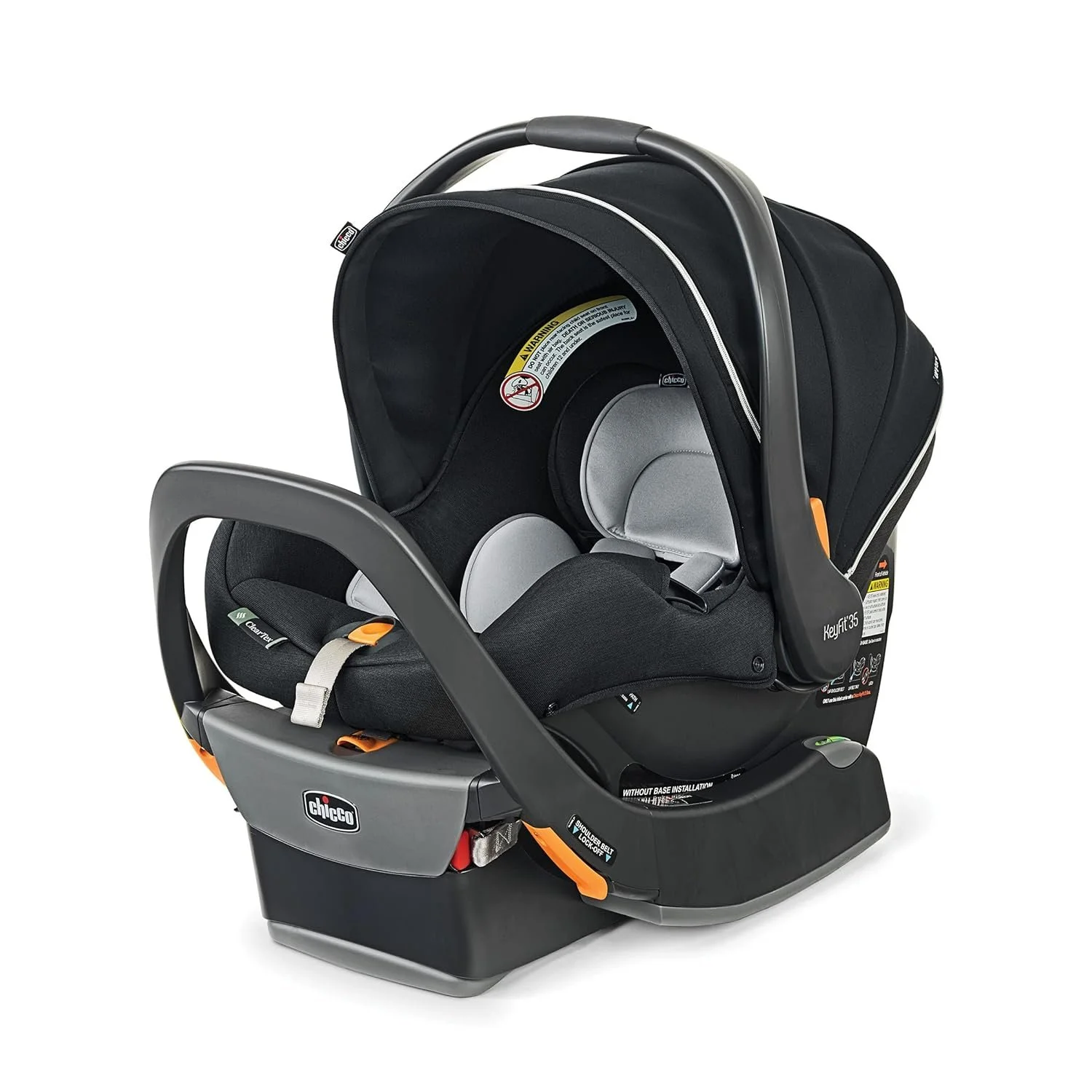 Child car seat with black and gray padding, orange safety locks, and a black plastic base.