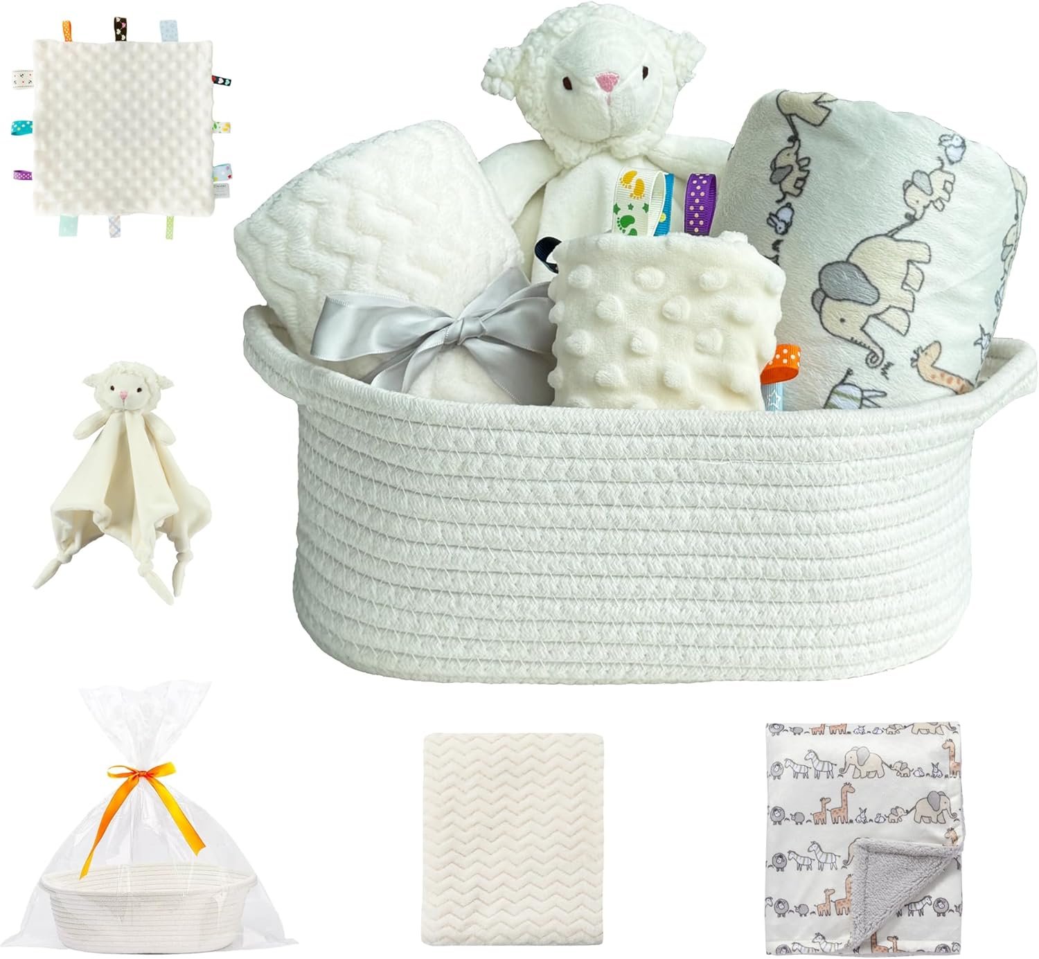 White textured basket filled with baby stuffed animals and soft cloths, including a teddy bear, a sheep, and fabric with animal patterns. Additional baby cloth items and a wrapped gift are also visible.