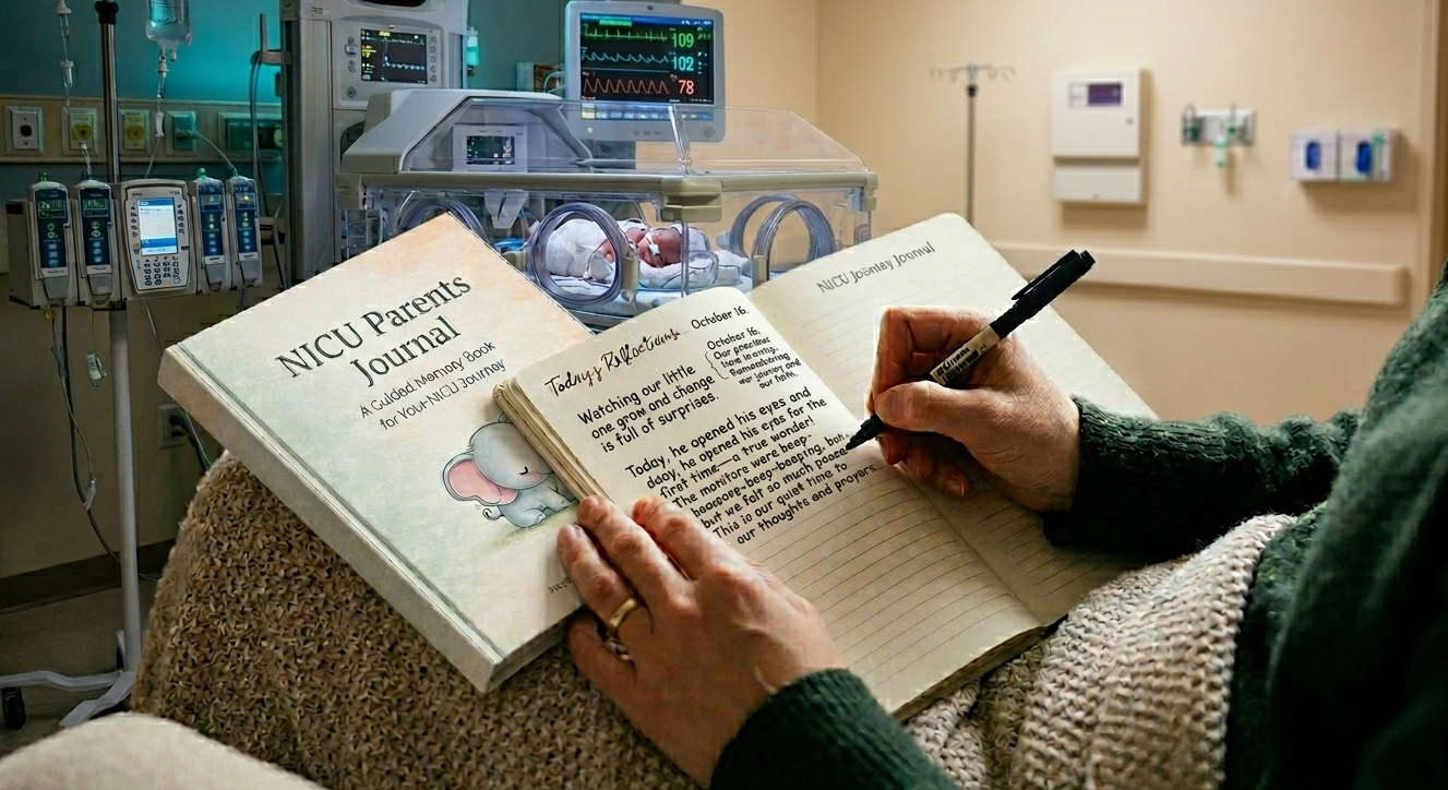 A person sitting in a hospital room, writing in a NICU Parents Journal, with a newborn baby in an incubator and medical monitors in the background.