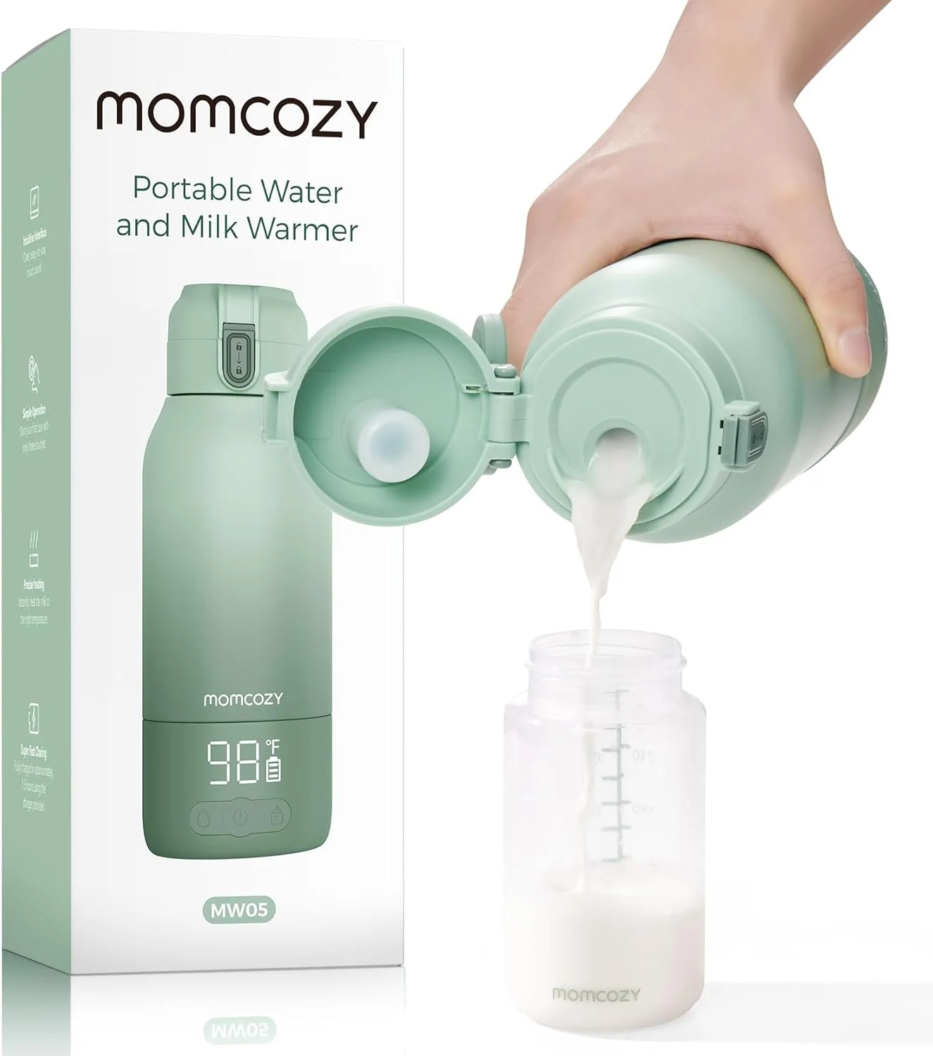 A portable water and milk warmer device by momcozy, shown with a hand holding the device pouring milk into a measuring bottle.