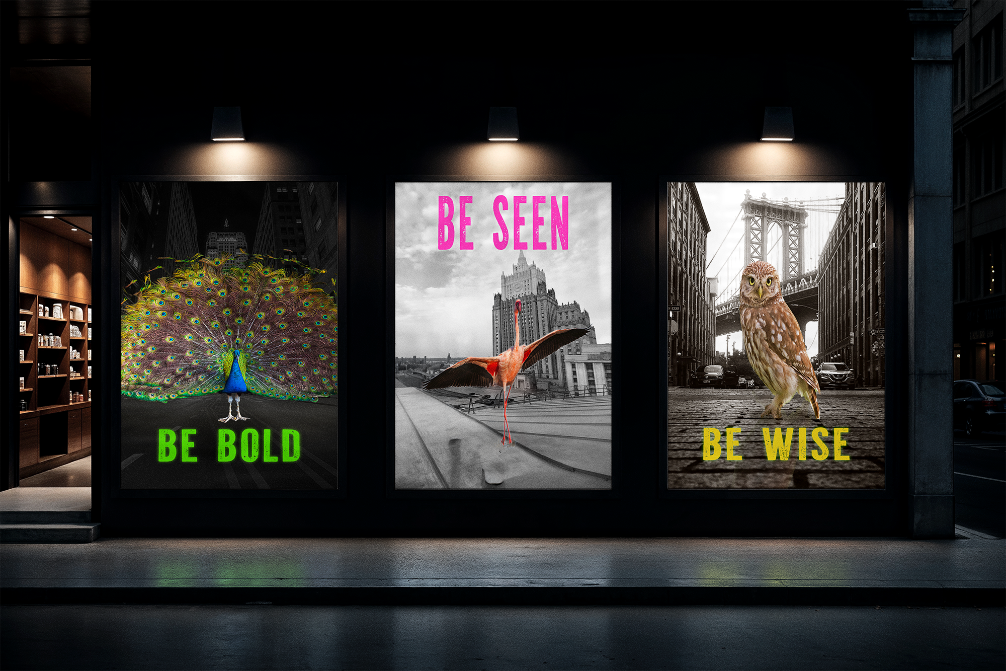 Three illuminated posters on a dark city street, each featuring a bird and an inspirational message: a peacock with the text 'BE BOLD', a flamingo with the text 'BE SEEN', and an owl with the text 'BE WISE'.