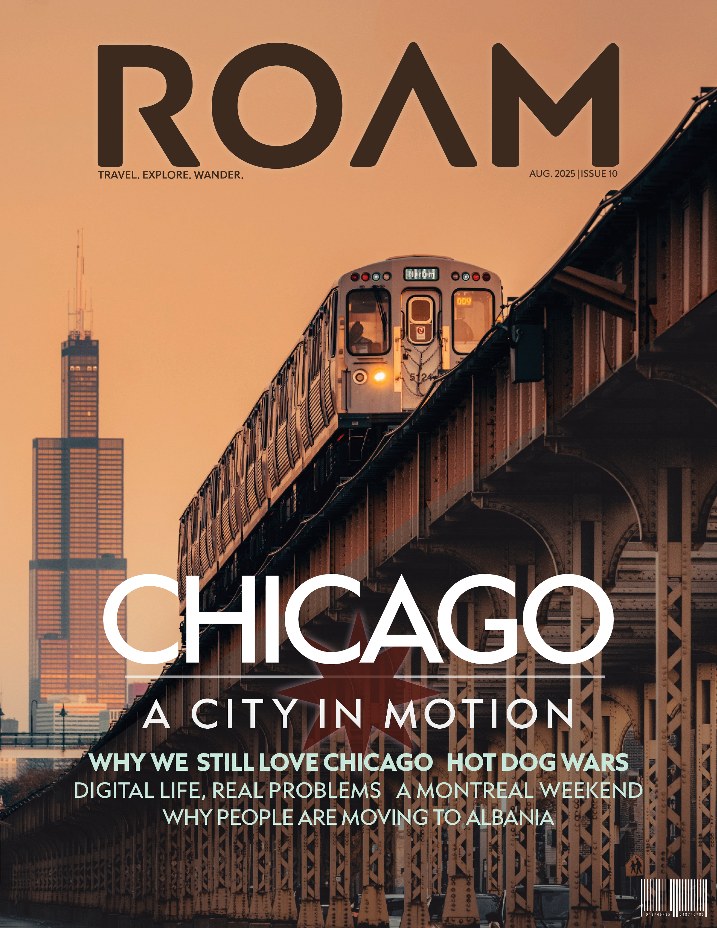 Chicago cityscape featuring an elevated train on a bridge with tall buildings in the background during sunset, with the title 'CHICAGO' and subtitle 'CITY IN MOTION' on the cover of a magazine.